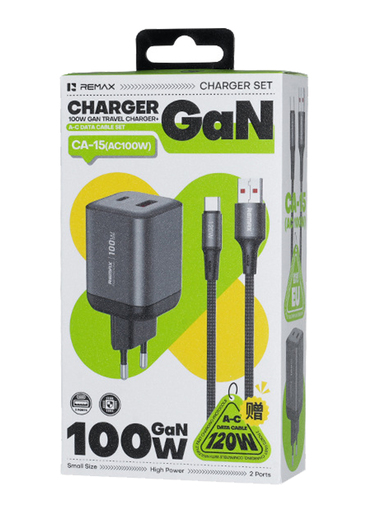 Мережевий зарядний пристрій Remax CA-15 EU GaN 100W з двома портами USB-A та Type-C і кабелем USB-A to Type-C 120W